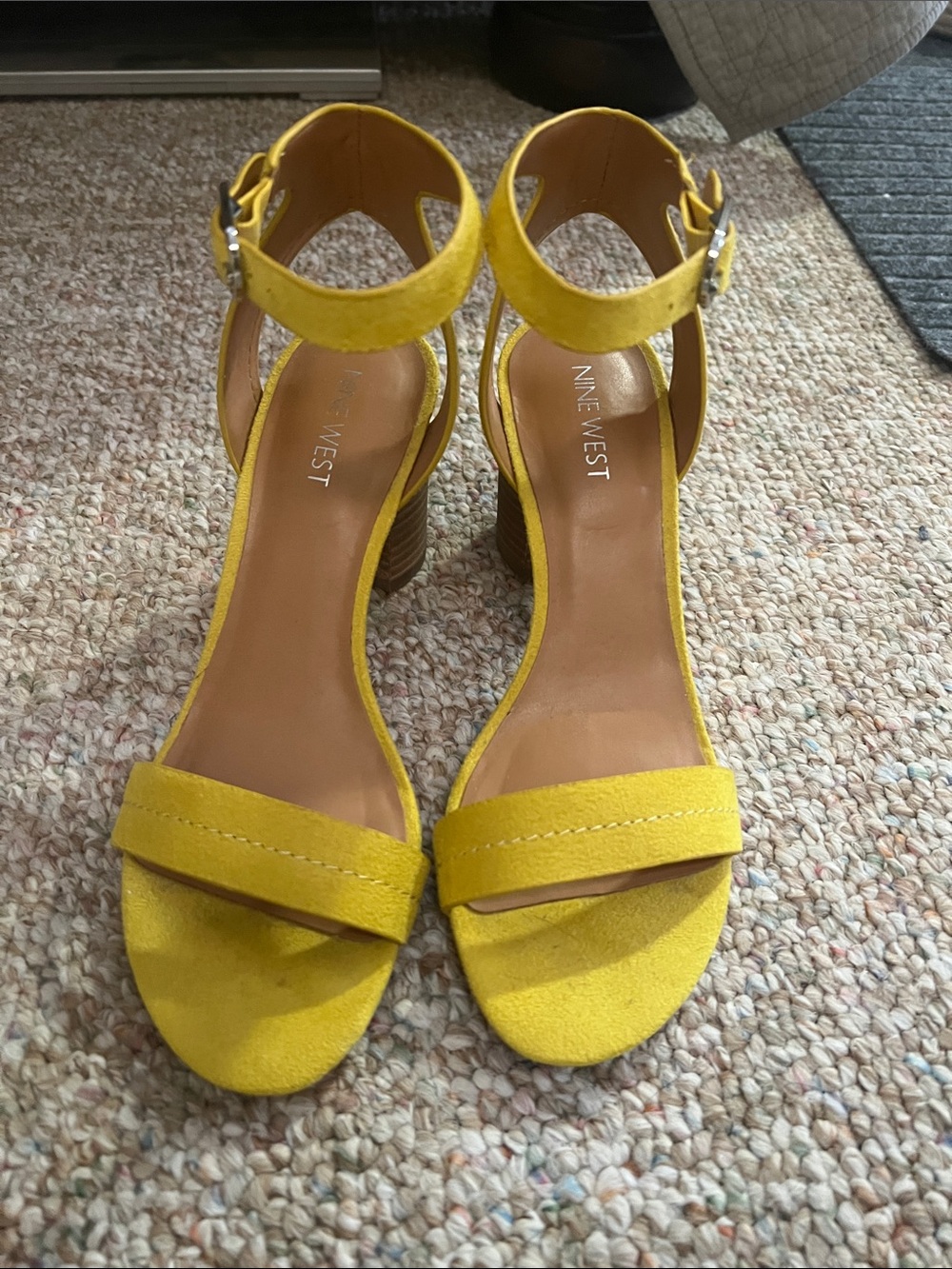 Nine West Bright Yellow Suede Ankle-Strap Block Heels